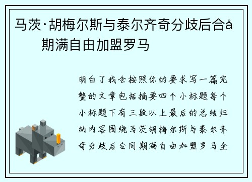 马茨·胡梅尔斯与泰尔齐奇分歧后合同期满自由加盟罗马