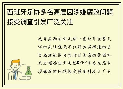 西班牙足协多名高层因涉嫌腐败问题接受调查引发广泛关注