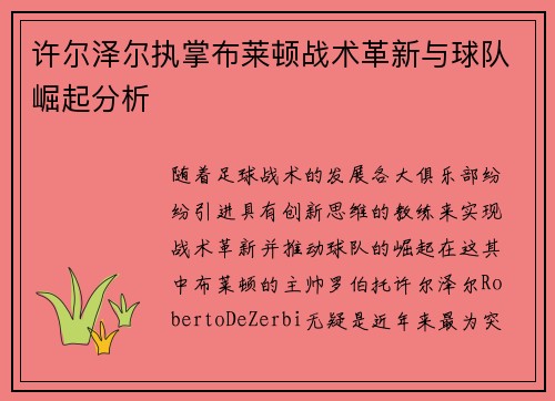 许尔泽尔执掌布莱顿战术革新与球队崛起分析