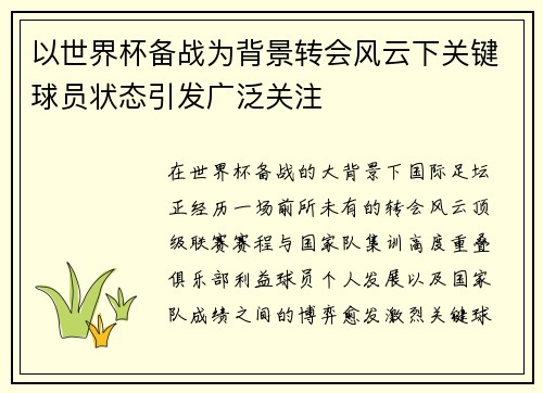 以世界杯备战为背景转会风云下关键球员状态引发广泛关注